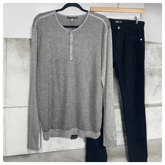 John Varvatos Silk Blend Light Heather Grey Henley L - Picture 1 of 9